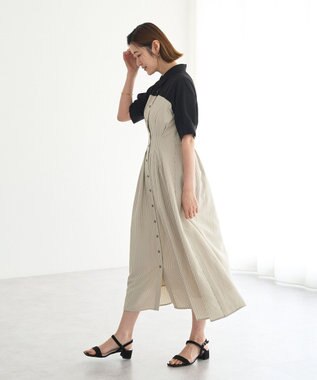 YECCA VECCA ハーフスリーブベアドッキングワンピース Stripe