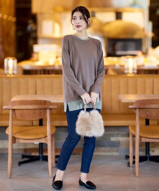 Tiaclasse 【洗える】重ね着風配色ニットチュニック モカ