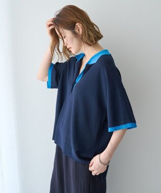 YECCA VECCA 配色ワイドポロニット Navy