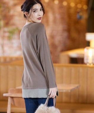 Tiaclasse 【洗える】重ね着風配色ニットチュニック モカ