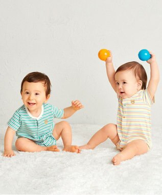 MIKI HOUSE HOT BISCUITS 【70-80cm】 みじんボーダー ワンポイント刺繍 ショートオール マルチカラー