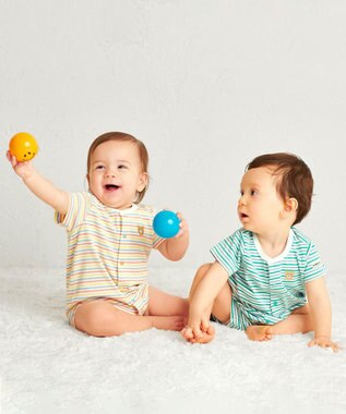 MIKI HOUSE HOT BISCUITS 【70-80cm】 みじんボーダー ワンポイント刺繍 ショートオール マルチカラー