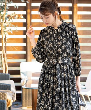 Tiaclasse L 【洗える】花柄フレアワンピース ブラック