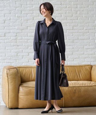 自由区 【洗える】ボリュームスリーブシャツ ドレス ネイビー系