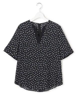 ICB 【先行予約】BackSatinAmunzen 5分袖Vネック配色ブラウス ブラック×ミックスモチーフドット