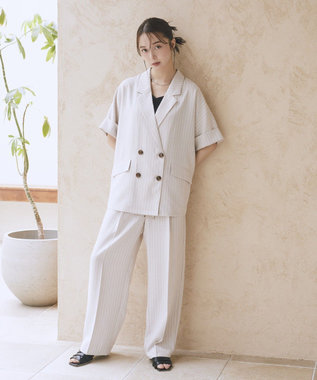earth music&ecology 【セットアップ対応】リネンライクダブルジャケット Stripe Ivory