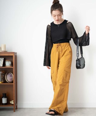 WEGO 【ウエストゴム】ナイロンイージーワイドカーゴパンツ マスタード