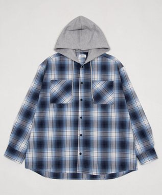WEGO 【ユニセックス着用ITEM/MLサイズ展開】オンブレチェックフードシャツ（LS） ブルーチェック1