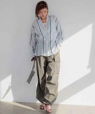 23区 L 【Oggi8月号掲載/洗える】LIBECO ベーシック シャツ ホワイト×ネイビーストライプ