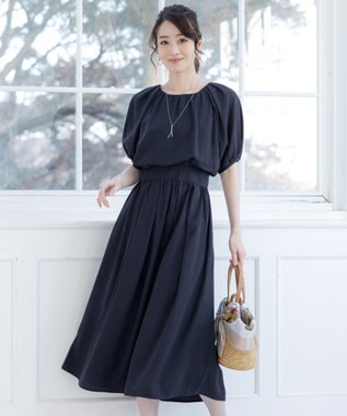 Tiaclasse 【洗える】麻調ギャザーワンピース ネイビー