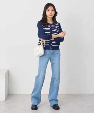 earth music&ecology 　透かし編みボーダーカーディガン Border Navy