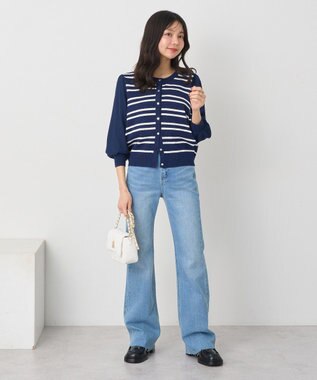 earth music&ecology 　透かし編みボーダーカーディガン Border Navy