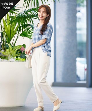 Tiaclasse L 【洗える】ゆったりシルエットの幅広カフスブラウス ブルーチェック