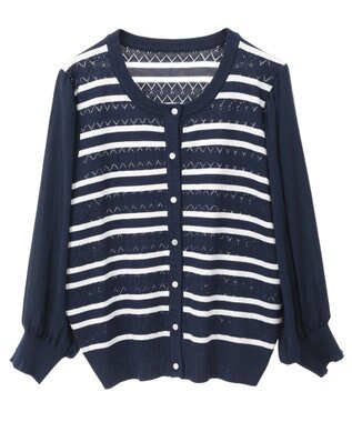 earth music&ecology 　透かし編みボーダーカーディガン Border Navy