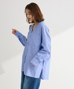 Green Parks 綿麻混Ｖネックオーバーサイズシャツ Sax