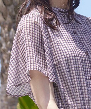 Tiaclasse L 【新色追加・洗える】チェック柄フレア袖シアーワンピース オフホワイト