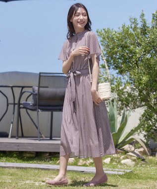 Tiaclasse L 【新色追加・洗える】チェック柄フレア袖シアーワンピース オフホワイト