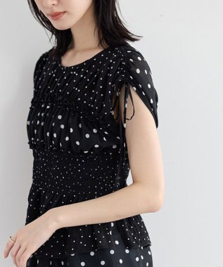 YECCA VECCA ドットMIXシャーリングブラウス Black