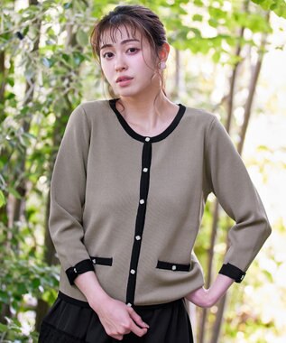 Tiaclasse 【洗える】配色使い総針袖リボンカーデ グレージュ×ブラック