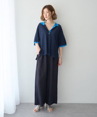 YECCA VECCA 配色ワイドポロニット Navy