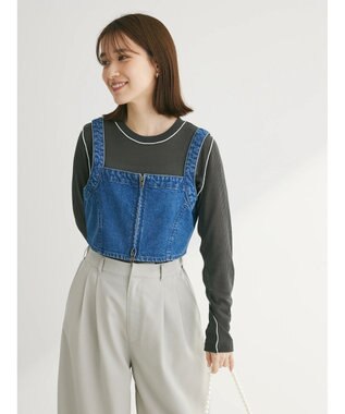 Green Parks 配色ステッチシアーリブプルオーバー Dark Gray