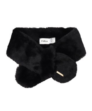 MOONBAT FURLA ファーティペット 差し込み ロゴプレート付 フェイクファーマフラー ブラック