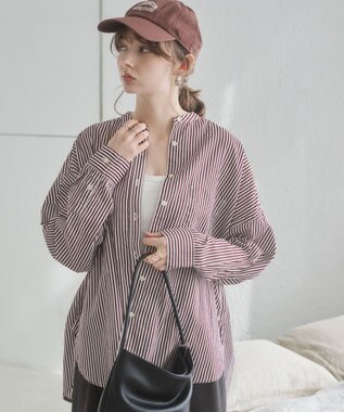 WEGO 着丈が選べる オーバーサイズ バンドカラー シャツ / ストライプ / 無地 ブラウンストライプ