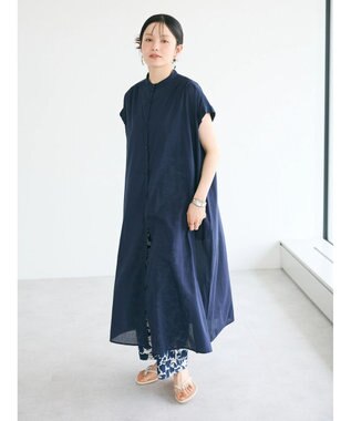 CRAFT STANDARD BOUTIQUE インド綿バンドカラーワンピース Navy