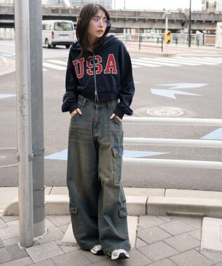 WEGO グラフィックショートZIPパーカー ネイビー