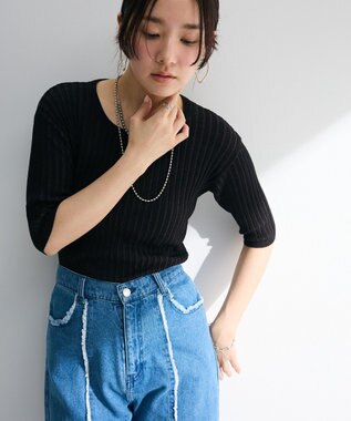 Green Parks 配色リブニットプルオーバー Black