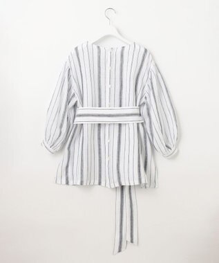 23区 S 【洗える】LIBECO ベルト付き ブラウス ホワイト×ネイビーストライプ