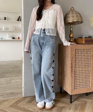 WEGO 【MLサイズ展開】ハートサイドラインストレートパンツ デニム淡色