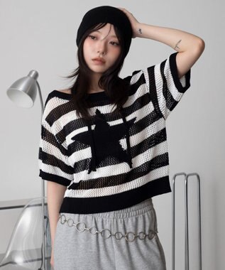 WEGO オフショルメッシュニット（S） ホワイトボーダー