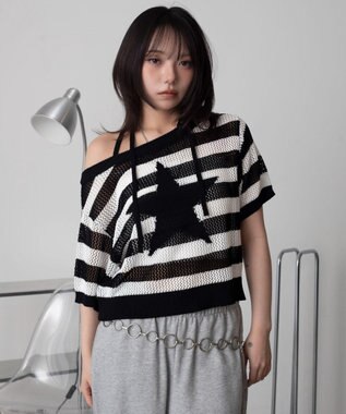 WEGO オフショルメッシュニット（S） ホワイトボーダー