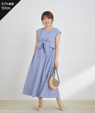 Tiaclasse L 【2WAY・洗える】ウエストリボンフレンチスリーブマキシワンピース ブルー