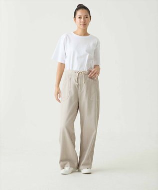 caqu color linen easy wide カラーコットンリネンウエストゴムワイドストレート