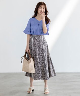 ANY SIS 【洗える】ラインポイントフラワー スカート ブルー系