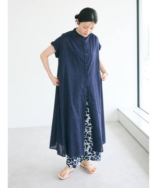 CRAFT STANDARD BOUTIQUE インド綿バンドカラーワンピース Navy
