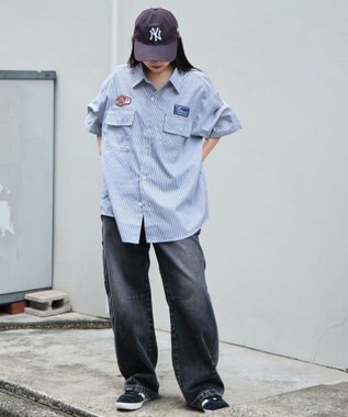 WEGO 【ユニセックス着用ITEM/MLサイズ展開】オックスフォードワッペンシャツ（SS） ブラックストライプ