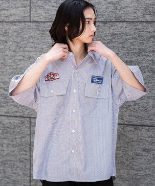 WEGO 【ユニセックス着用ITEM/MLサイズ展開】オックスフォードワッペンシャツ（SS） ブラックストライプ