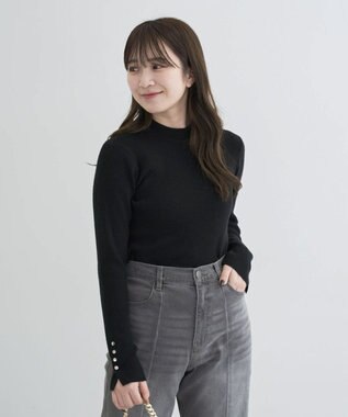 Green Parks もちやわ　袖口釦リブニットプルオーバー Black