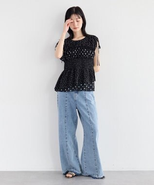 YECCA VECCA ドットMIXシャーリングブラウス Black