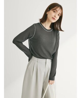 Green Parks 配色ステッチシアーリブプルオーバー Dark Gray