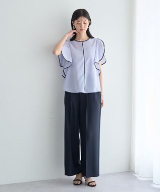 YECCA VECCA 配色ラッフルスリーブブラウス Sax