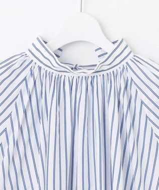 UNFILO イージーケア ギャザーブラウス ブルーストライプ