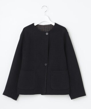 J.PRESS LADIES 【リバーシブル】ウールナイロン リバーチェック ノーカラー ショートコート ネイビー系