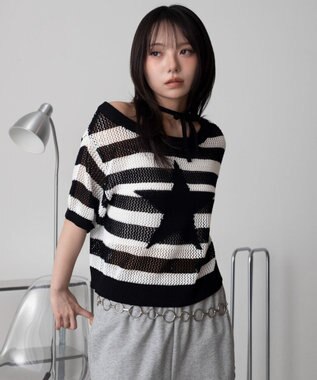 WEGO オフショルメッシュニット（S） ホワイトボーダー