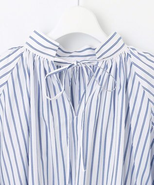UNFILO イージーケア ギャザーブラウス ブルーストライプ