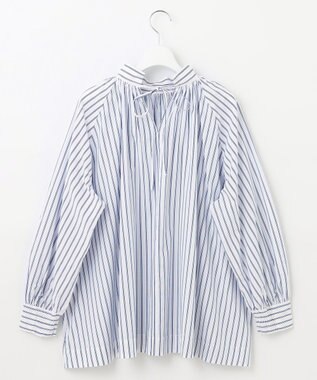 UNFILO イージーケア ギャザーブラウス ブルーストライプ