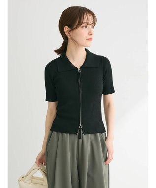 Green Parks ５分袖衿付きＺｉｐプルオーバー Black